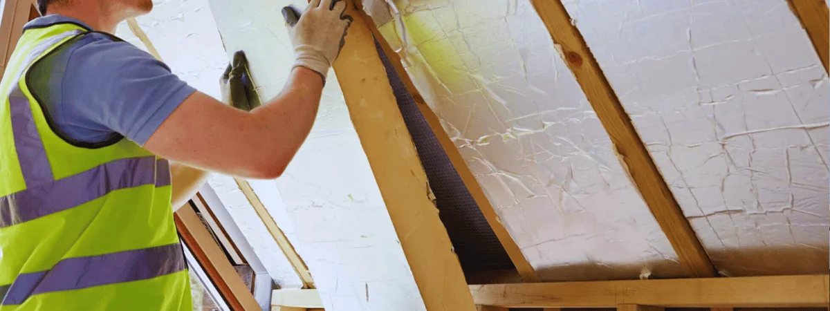 Pose d’un isolant thermique sous toiture.