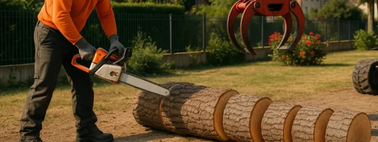 Élagueur découpant un tronc à la tronçonneuse à Villeurbanne