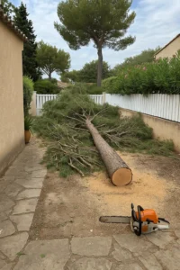 Abattage d’un pin tombé après une tempête à Sanary-sur-Mer