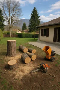 Tronc fraîchement coupé à Meylan avec tronçonneuse, morceaux rangés et broyeur sur place – Elagage Grenoble
