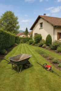 Jardin parfaitement entretenu à Saint-Égrève avec haies taillées, massifs soignés et pelouse fraîchement tondue – Elagage Grenoble