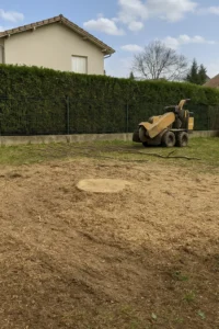 Souche d’arbre fraîchement rognée à Grenoble avec broyeur professionnel – Elagage Grenoble