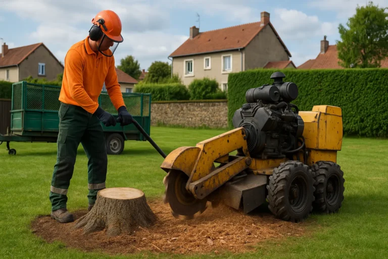 Rognage professionnel de souche en jardin résidentiel à Elagage Clermont-Ferrand
