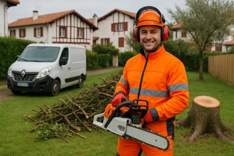 Élagueur local en EPI avec tronçonneuse, chantier d’abattage en jardin résidentiel - Elagage Bayonne