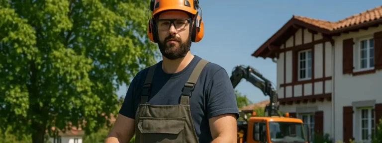 Elagueur équipé d’EPI devant une maison basque - Elagage Bayonne