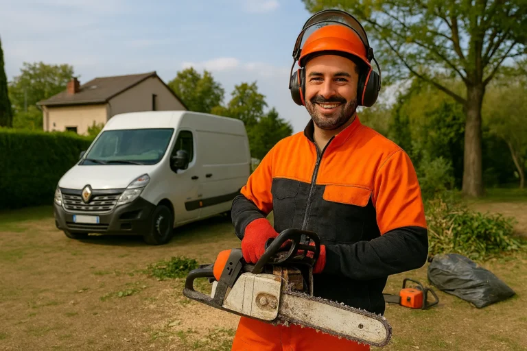 Élagage d’un jardin résidentiel avec fourgon utilitaire à Elagage Charleroi