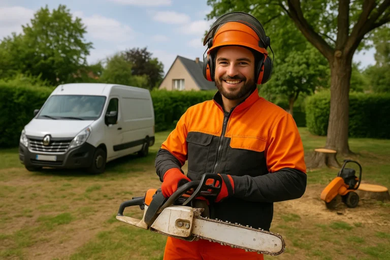 Élagueur professionnel en tenue de sécurité dans un jardin résidentiel de Rouen – Elagage Rouen