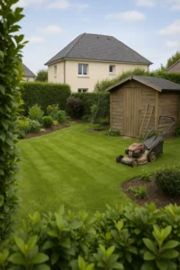 Pelouse parfaitement entretenue autour d’un abri de jardin