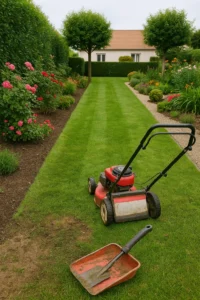 Pelouse tondue et massifs fleuris dans un jardin entretenu à Bordeaux