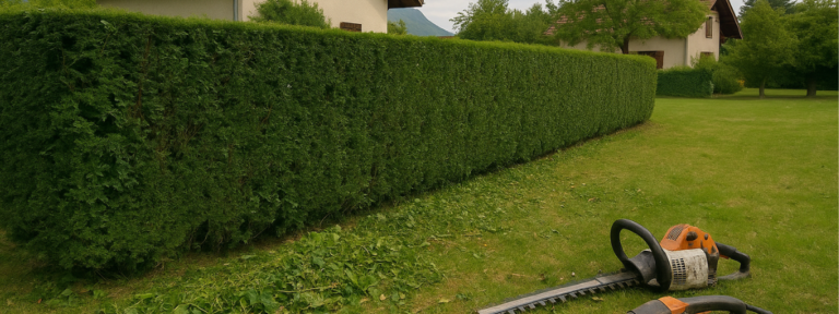 Taille professionnelle de haies dans un jardin résidentiel à Elagage Annecy