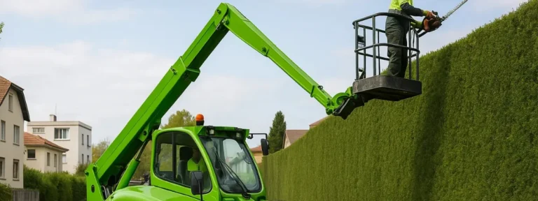 Élagueur utilisant une nacelle pour tailler une grande haie à Villeurbanne