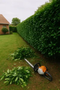 Taille de haie de lauriers réalisée à Bordeaux après débordement