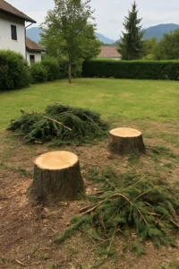 Abattage de deux sapins anciens dans un jardin privé à Elagage Annecy