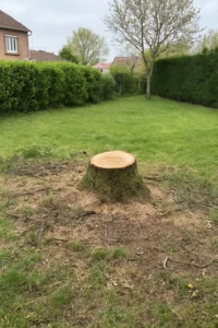 Souche d’arbre après abattage en secteur résidentiel - Elagage Reims