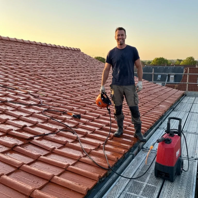 Artisan après intervention (fier, satisfait, traces de travail) - Nettoyage Toiture Vincennes