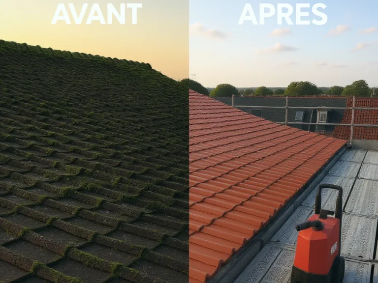 Toiture tuiles rouges, moitié sale moitié propre - Nettoyage Toiture Vincennes