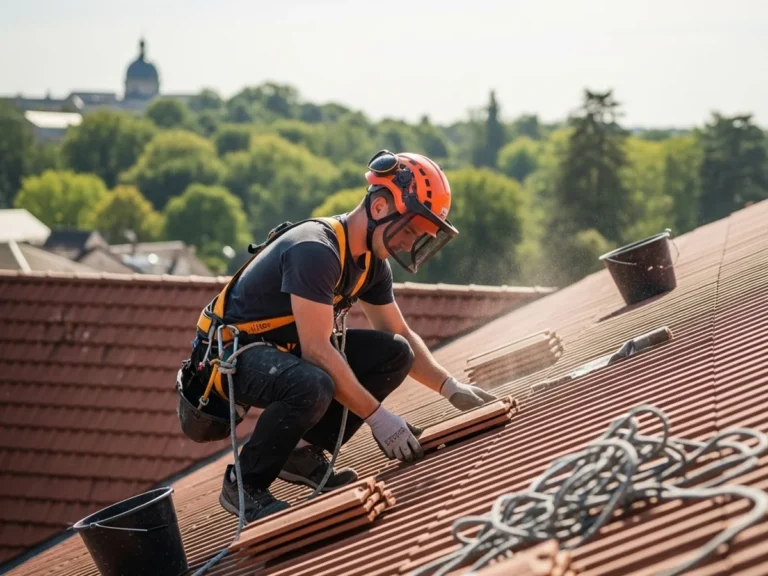 Artisan sur toit – Pendant intervention - Rénovation toiture Toulouse