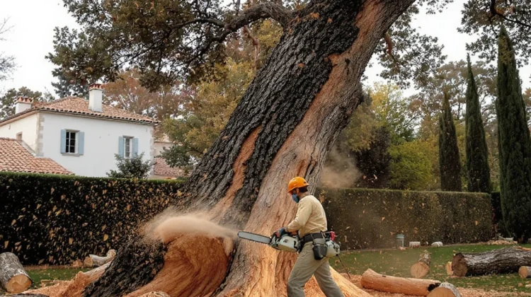 Abattage, moment critique (artisan au sol, plan large, Avignon) - Elagage Avignon