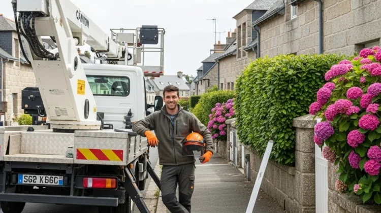 Artisan devant camion nacelle (Quimper, France début d’après-midi) - Elagage Quimper