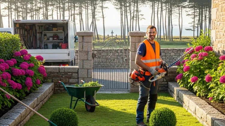 Artisan en action dans un jardin côtie - Elagage Saint-Malo