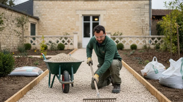 Création d’une allée en gravier (jardin bordelais, après-midi) - Nos réalisations - Elagage Bordeaux
