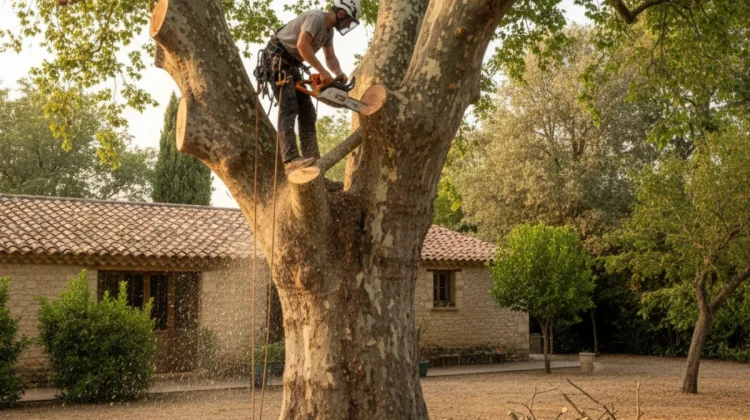 Élagage d’un grand platane en cours (artisan visible en action) - Elagage Avigon